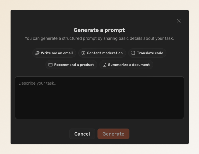 A modal for generating new prompts in the Anthropic Console