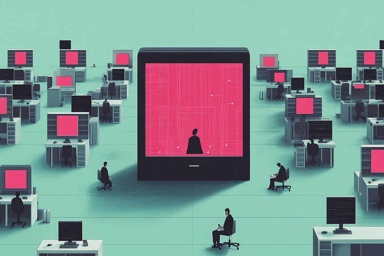 a large monitor in the middle of a room full of workers