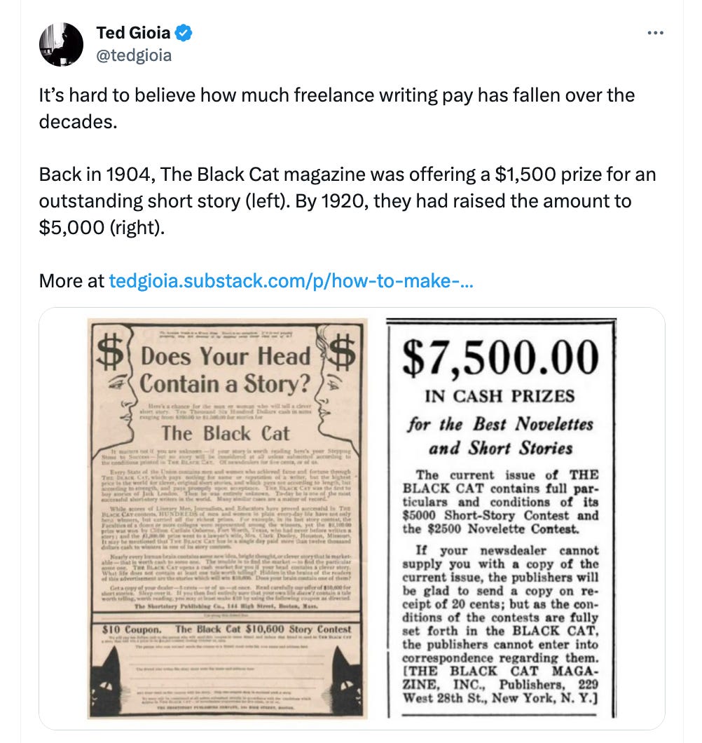 Tweet about a $5,000 writing contest from 1920