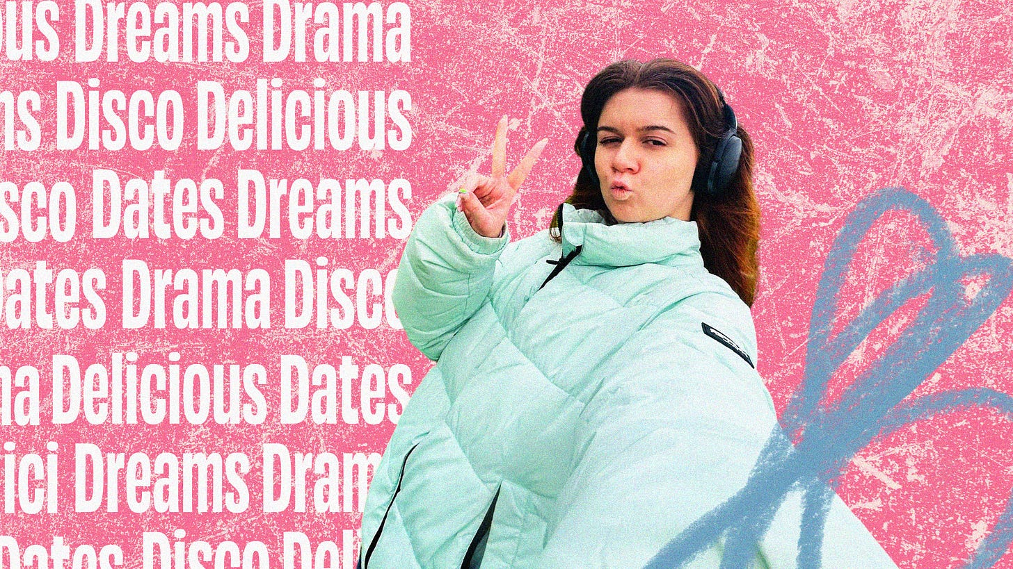 Sav has brown hair and wears a green jacket. She does a duck face and peace sign. In the pink background are the words dreams, drama, disco, delicious and dates.