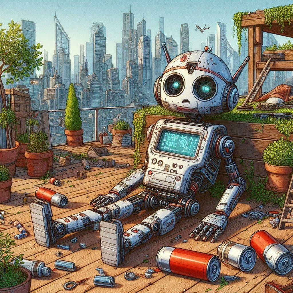 friendly robot without battery collapsed in a rooftop garden, sci-fi drawing