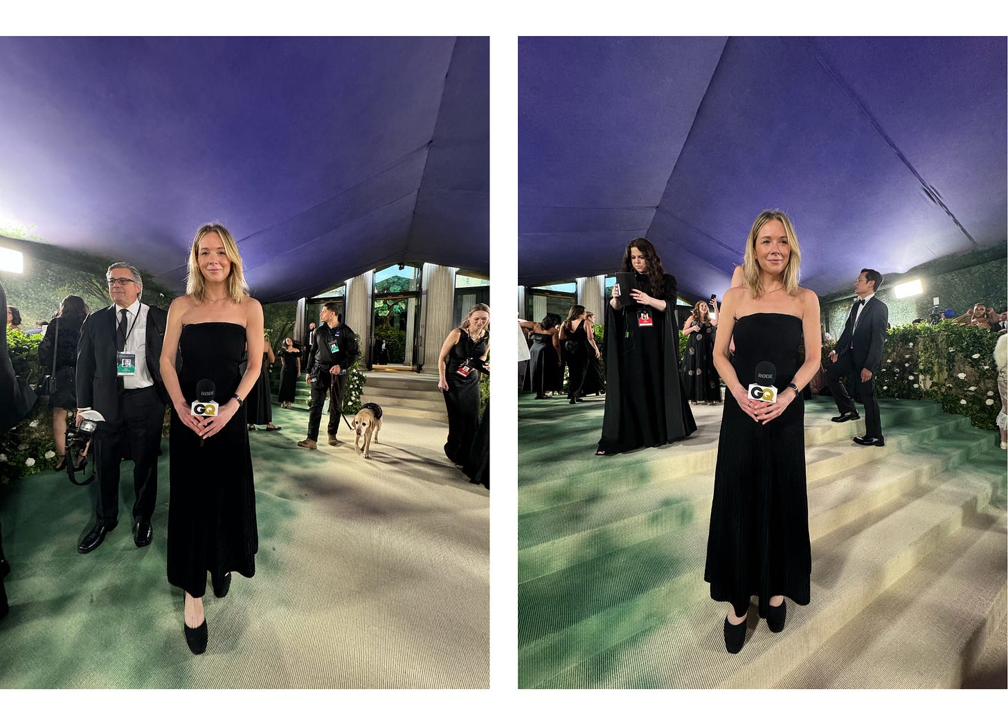 Two photos of Katie on the red carpet before things start, a dog is in one of them
