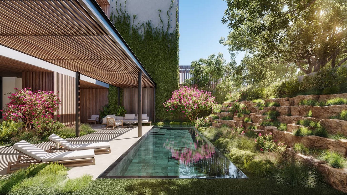 Rendering of residence deck, infinity pool and foliage