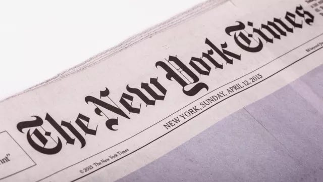 Front page from The New York Times Sunday newspaper 