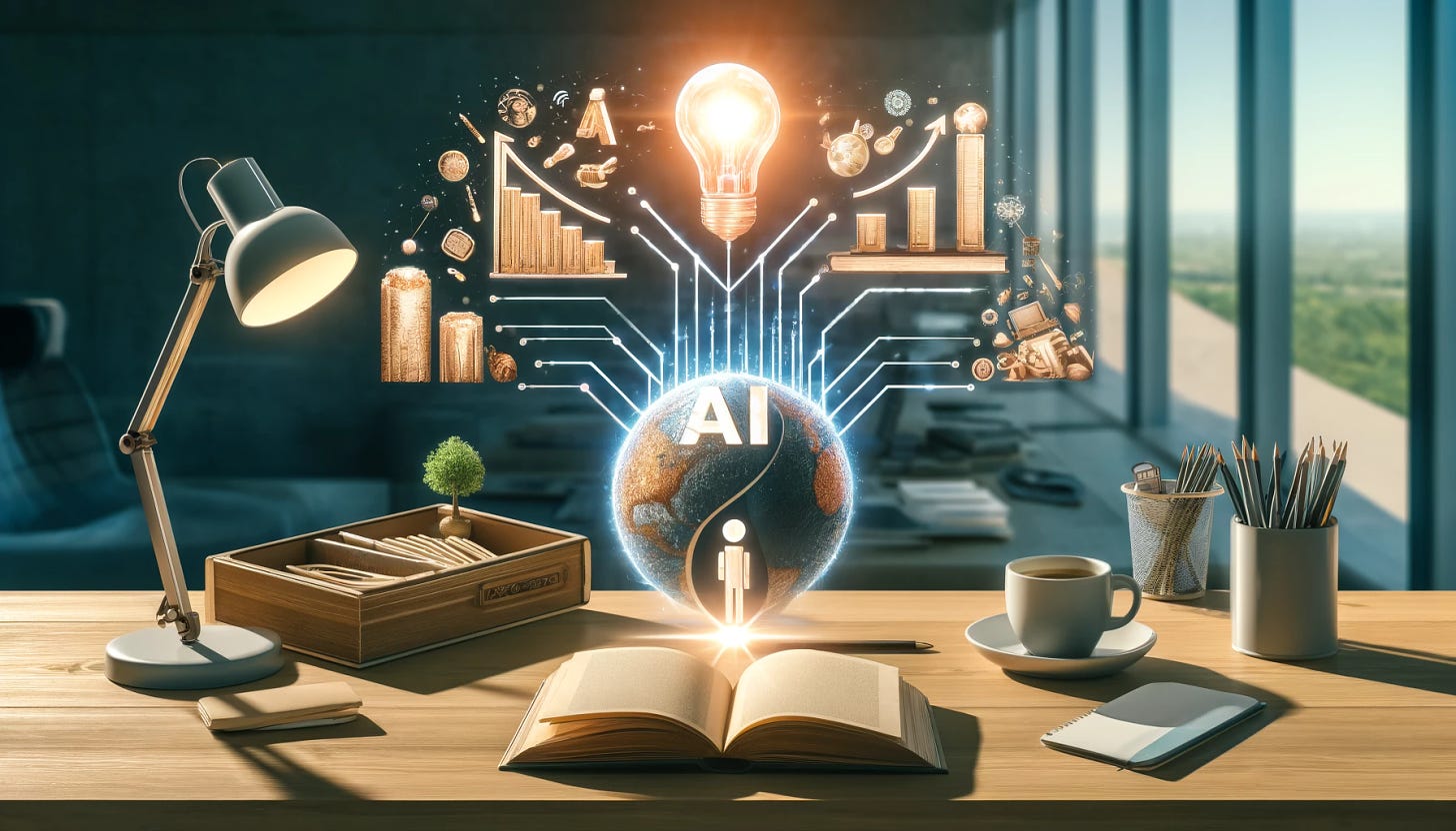 A desk with three distinct ideas represented visually related to artificial intelligence. Each idea is symbolized by a different object or illustration on the desk. The first idea is represented by a small globe to symbolize global opportunities and potential created by AI, such as small businesses marketing and selling products internationally. The second idea is shown with an open book and a bright lightbulb above it, representing the enhancement of knowledge and learning processes by AI, allowing even mediocre writers to improve. The third idea is depicted with a small figure climbing a staircase, symbolizing career and job growth facilitated by AI, such as new job fields emerging and small businesses gaining market presence. The desk is neat and organized, with a few scattered papers and a coffee cup, set in a modern, well-lit room.