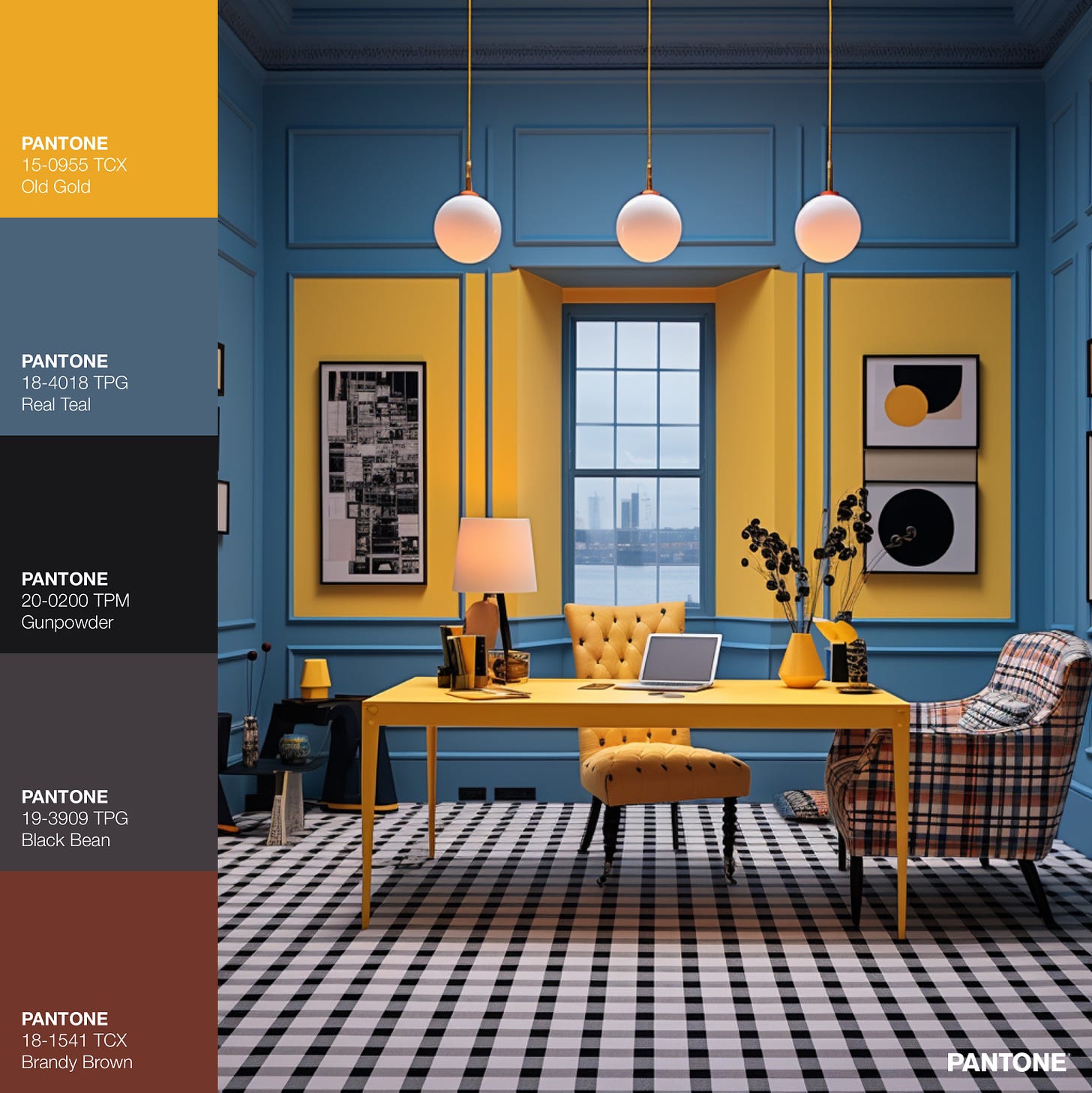 Home office with yellow and blue walls, black gingham floor, and plaid armchair.