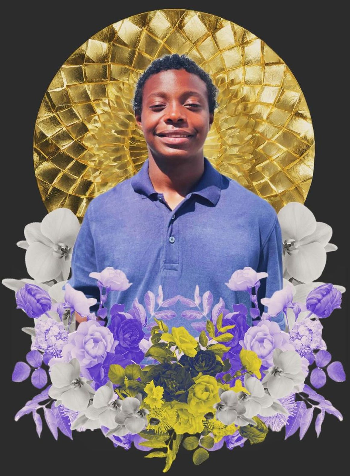 digital collage of a black and autistic 15 year old young male smiling while cascaded in a crown of colorful flowers