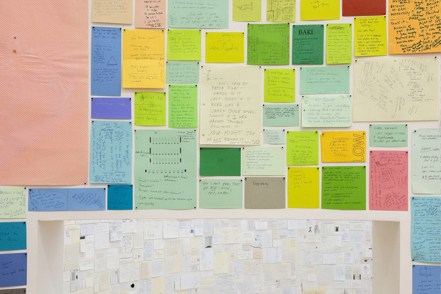 Colorful notes pinned on a wall.