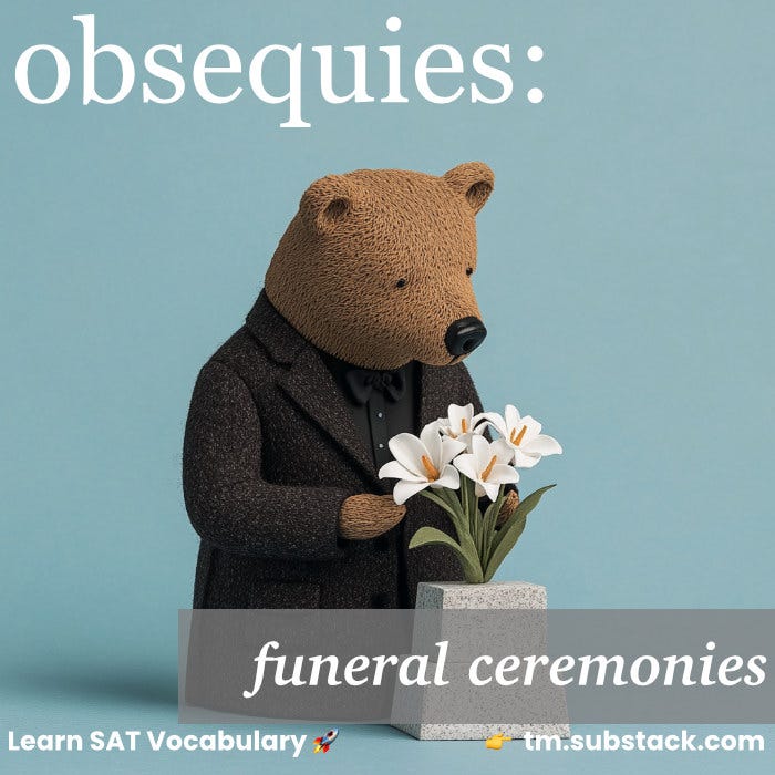 Illustration of a bear in formal attire placing flowers at a memorial; used to illustrate the SAT word 'obsequies'.