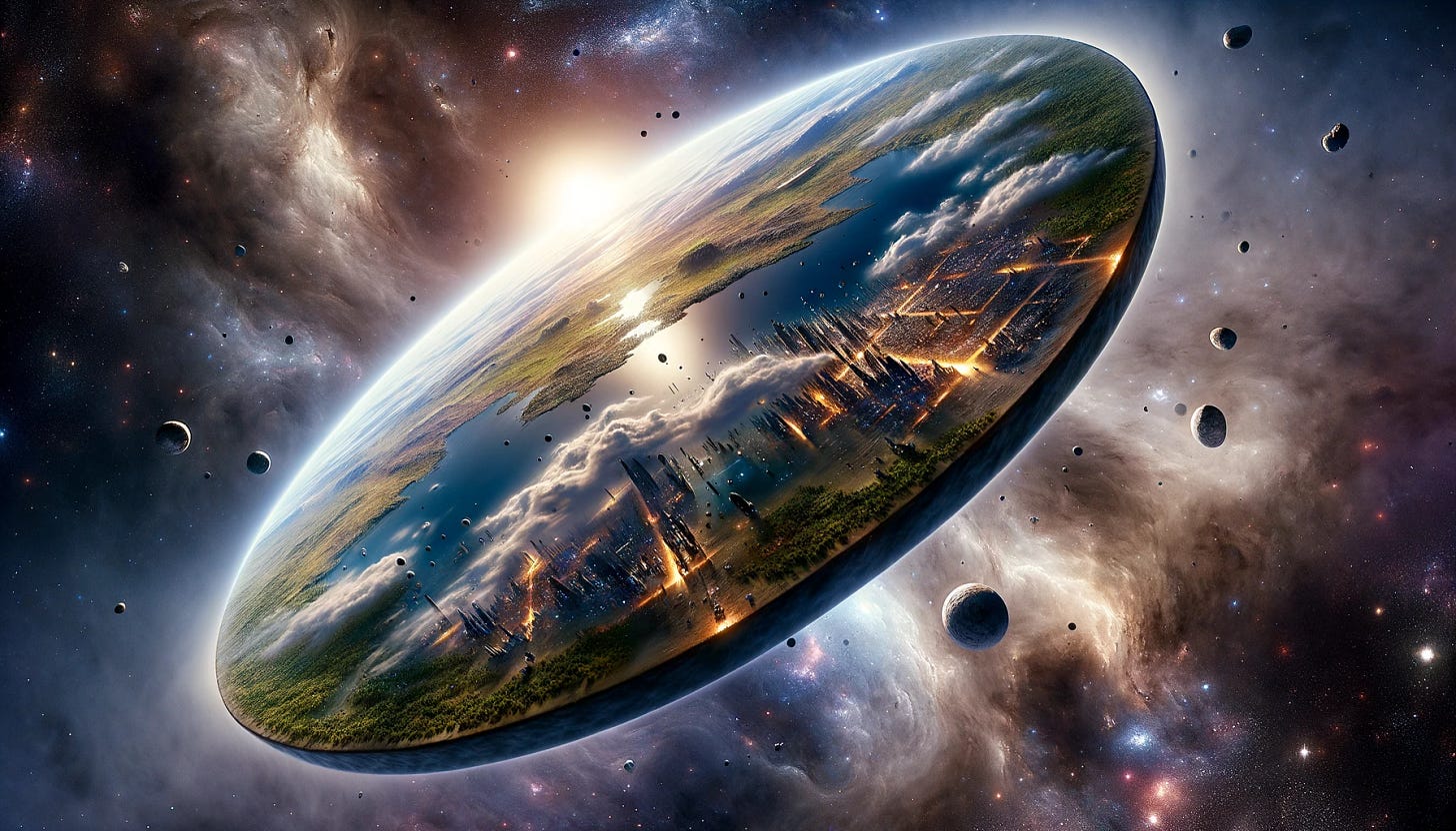 Create an image of a flat disc world, depicted from a Dutch angle perspective to add a sense of dynamism and unease. The disc world is floating in space, with its surface teeming with life and civilizations. From this angle, the viewer can see part of the disc's edge rising up towards the camera, making the cities, forests, and mountains appear as if they're about to slide off into the cosmos. The background is filled with stars, nebulae, and distant galaxies, enhancing the feeling of vast, open space. The Dutch angle, with its tilted horizon, emphasizes the unusual and fantastical nature of this flat disc world, inviting the viewer to consider the balance and precariousness of its existence in the void.