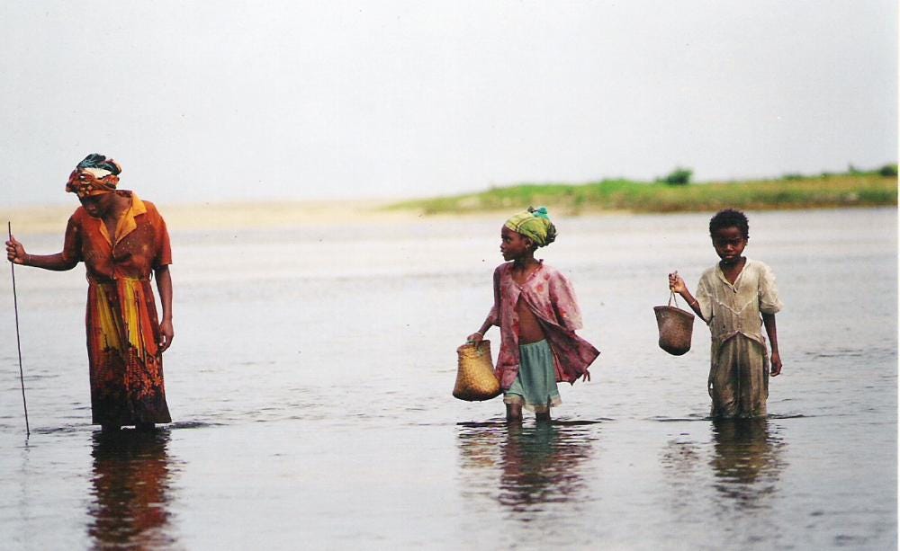 A woman and two children wade through water with buckets