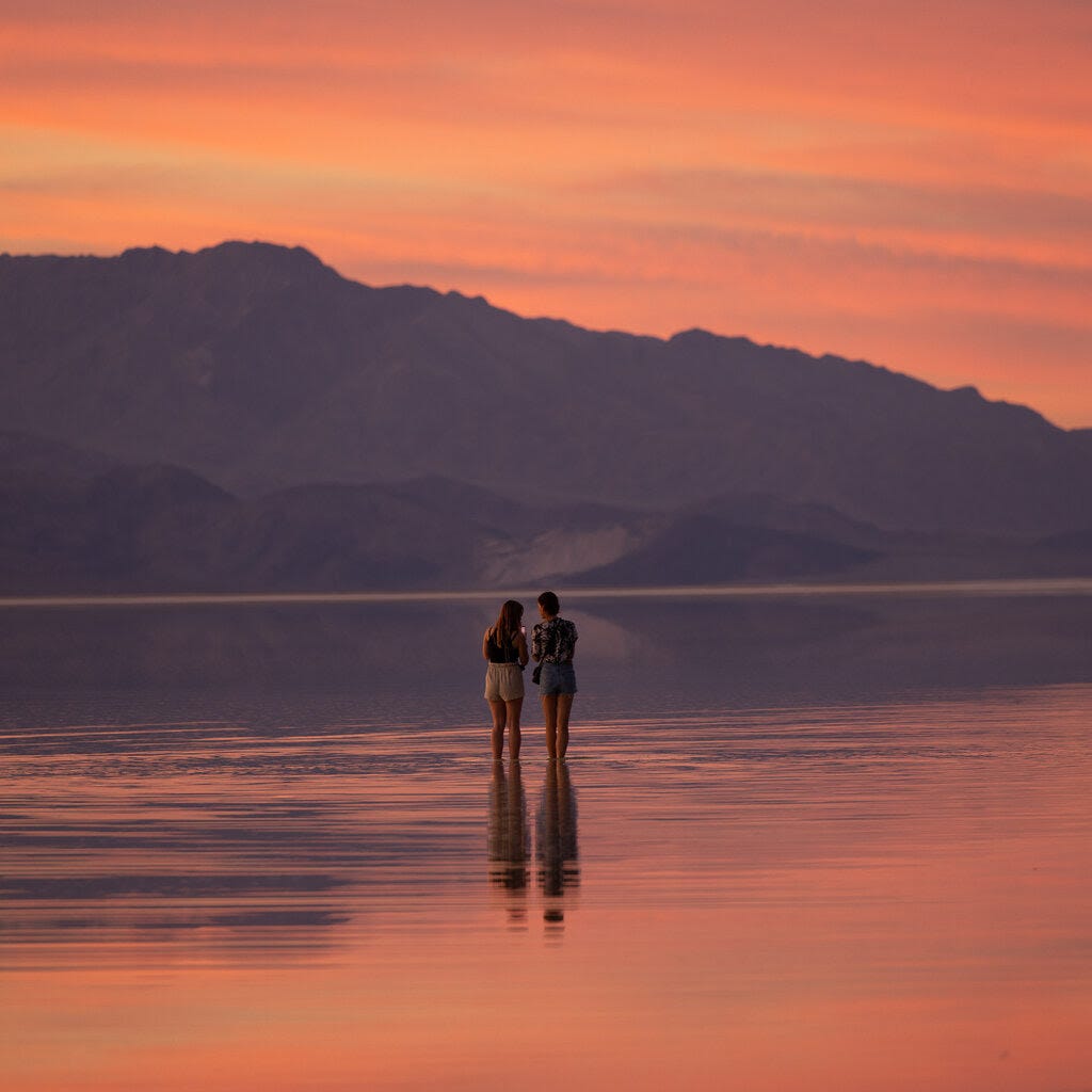 Two people stand in a lake at sunset. 