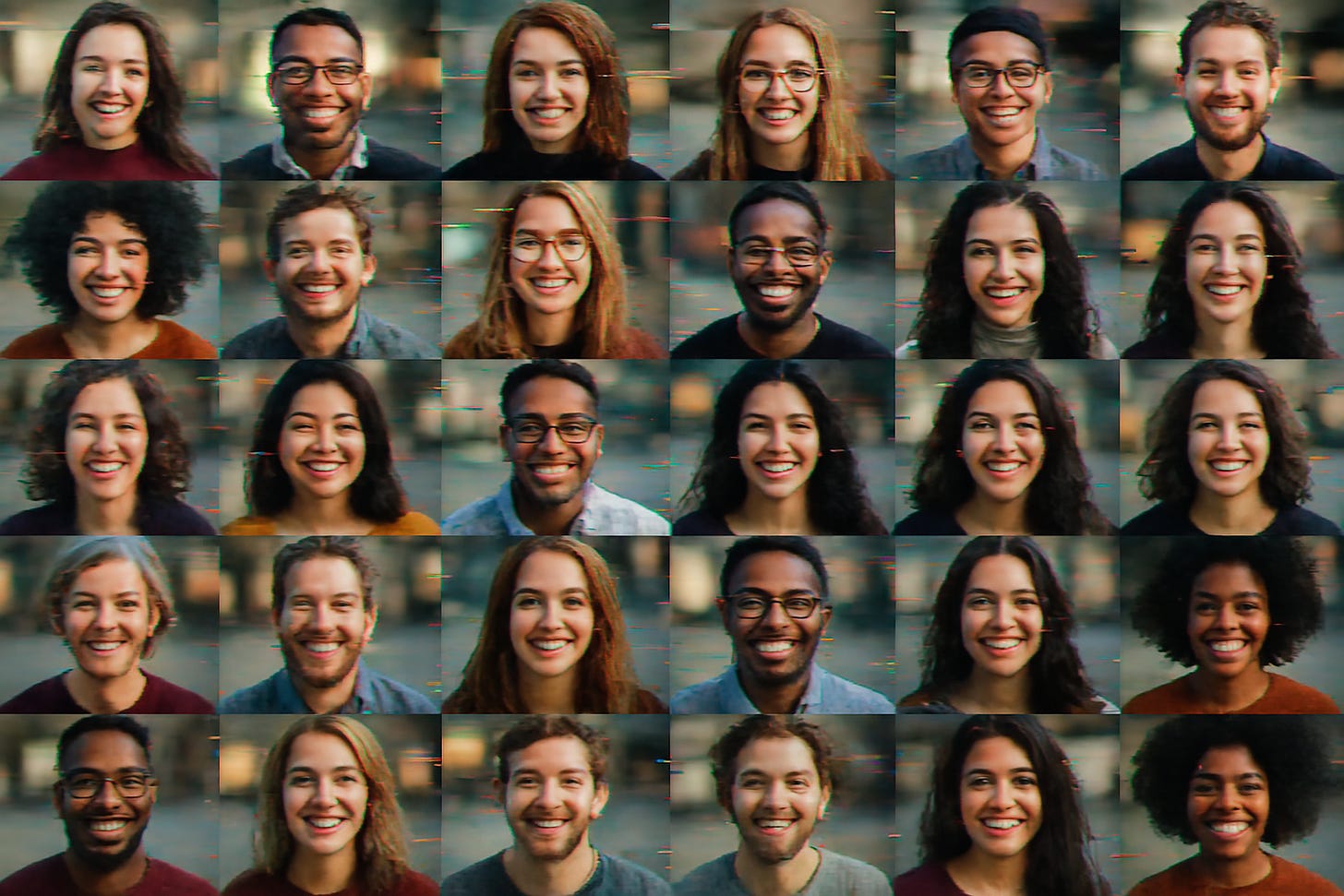A series of faces on a grid. The image is glitching