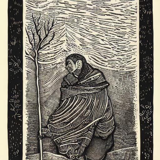 Etching of a person from prehistory, cloaked against the harsh weather.