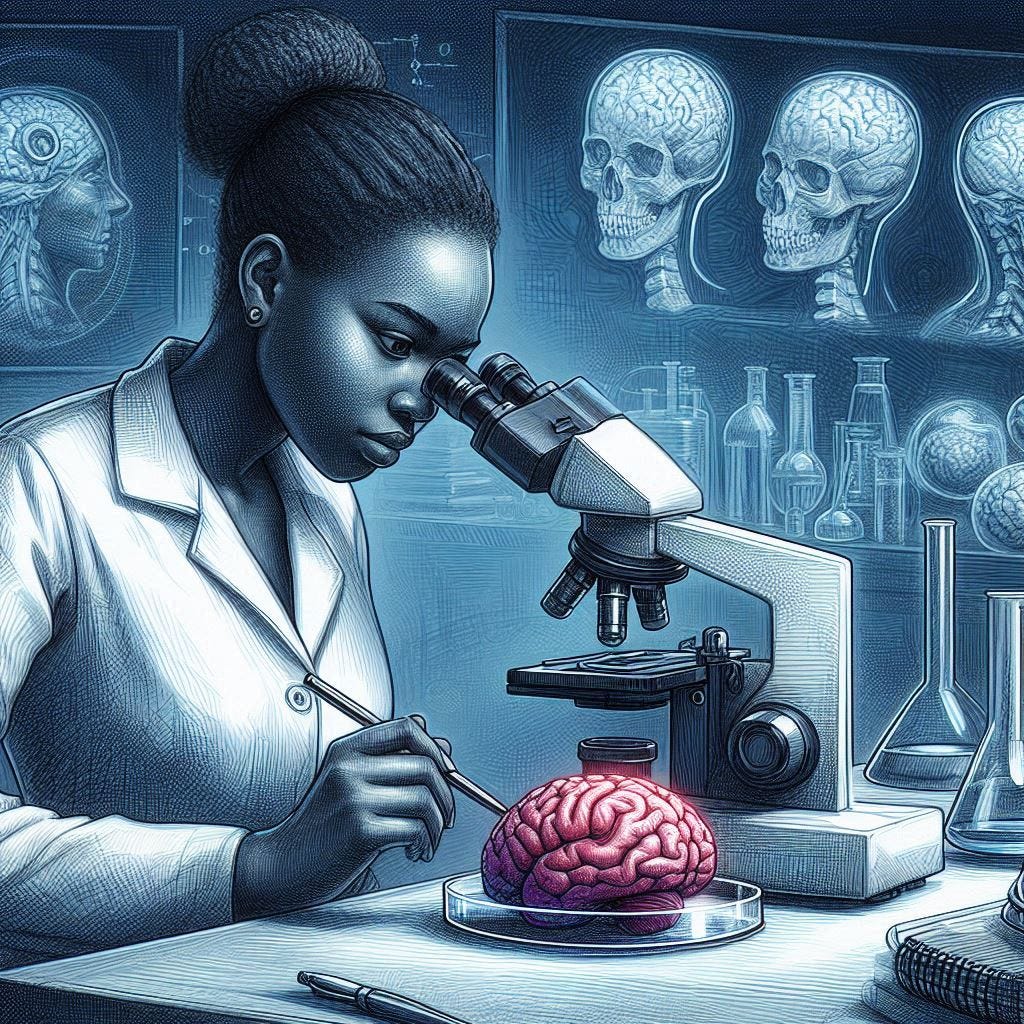 black female doctor in a lab looking at small brain in a petri dish with a microscope, biology laboratory, sci-fi drawing