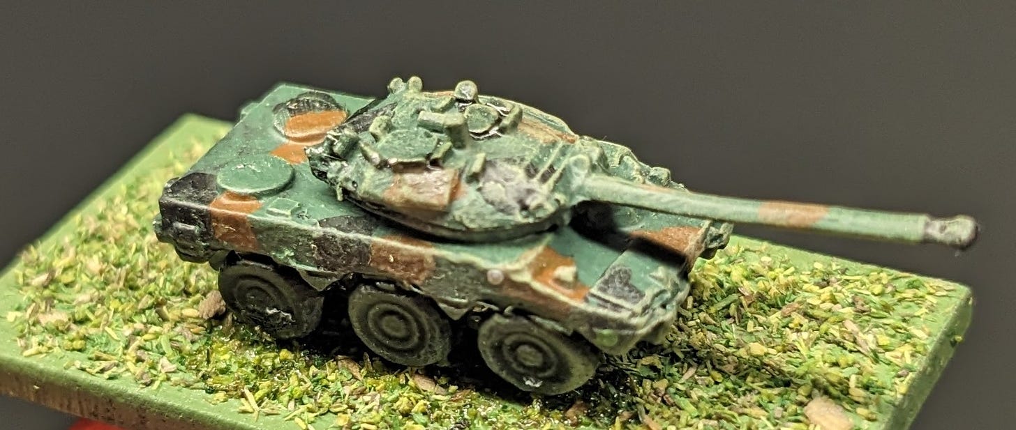 A 6 mm scale model of an french made AMX-10RCR Armoured fighting vehicle