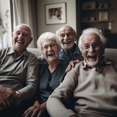 Face, laughing or happy elderly people, old friends or group excited, smile  and enjoy funny time together in retirement home. Friendship bonding,  comedy and senior women, man or AI generated person |