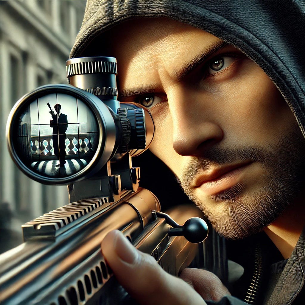 A hyperrealistic digital painting of a powerful assassin’s face in close-up as he aims a Barrett M82 sniper rifle. His chiseled jaw, piercing eyes, and intense focus exude dominance. The black trench coat frames his face, and his grip on the rifle is steady. The reflection in the sniper scope clearly shows a distant senator standing on a high-rise balcony, unaware of the danger. The sunlight highlights the assassin’s rugged features, creating sharp contrasts. The background is blurred to emphasize his deadly precision, making this a high-stakes, cinematic moment.