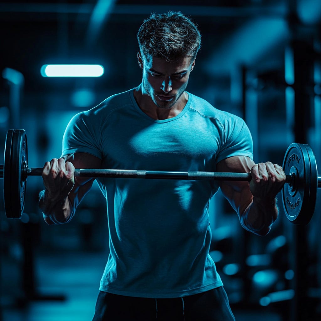 Male bodybuilder doing barbell bicep curls with a light blue t-shirt in a modern dark gym.