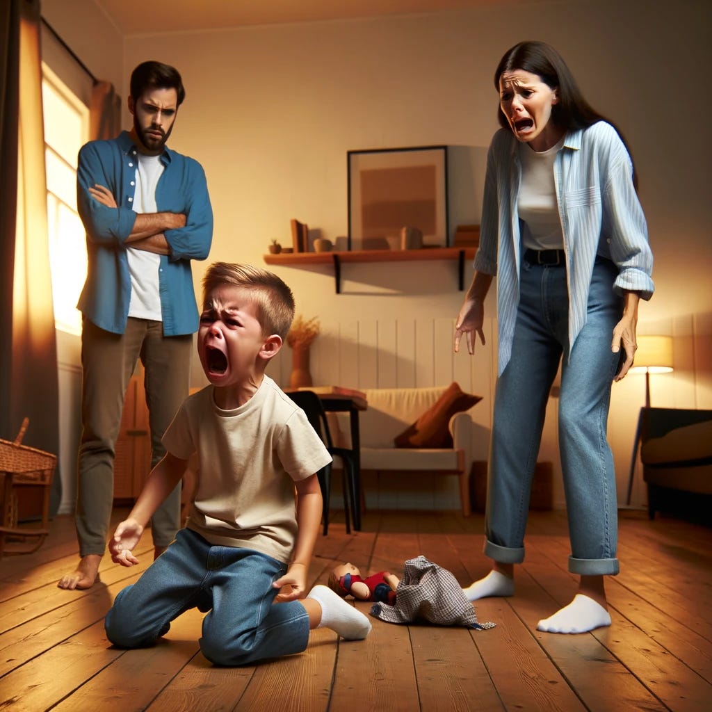 A more intense scene where a child is in the full throes of a tantrum, with his parents nearby, visibly perplexed and concerned. The child is on the floor, crying and screaming, with a more pronounced expression of anger and frustration. His body language is dynamic, perhaps throwing toys or stomping his feet, embodying the peak of his emotional outburst. The parents, standing in the background, look at each other and the child with a mix of worry and indecision, clearly at a loss about the best course of action. The family room around them is warm and lived-in, contrasting sharply with the chaos of the moment. This image captures the complexity of parental challenges during moments of high emotional distress in children, highlighting the feelings of helplessness that can accompany such situations.