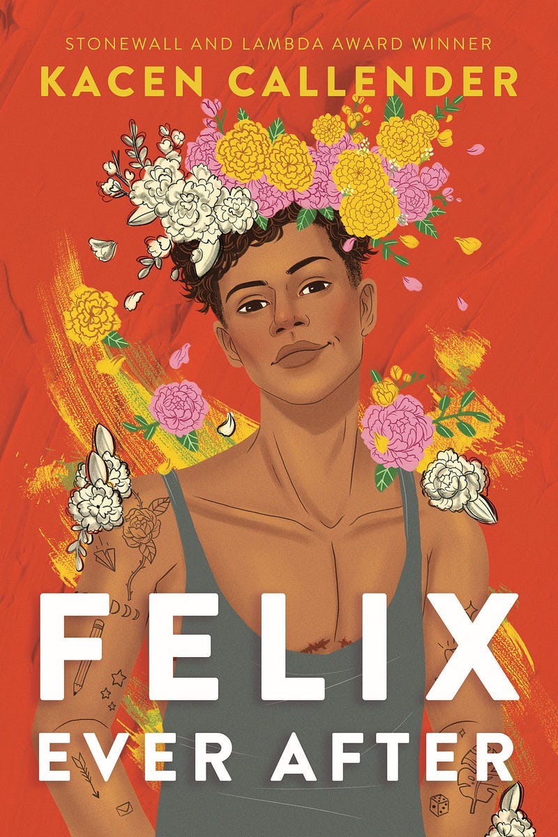 Orange background, animated drawing of Felix (young trans man — main character described in book) with flowers drawn around him and a flower crown.