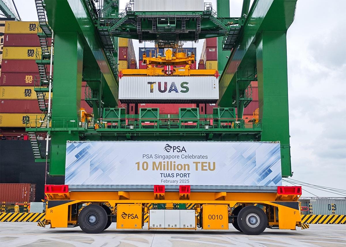 Tuas port has handled 10 million containers since it opened for business in 2022, and is set to handle 65 million a year by the 2040s