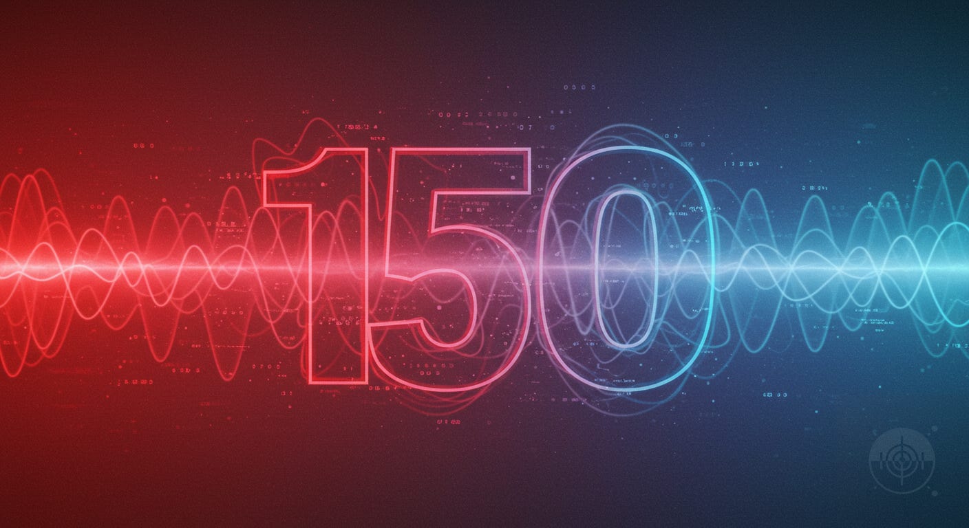 the number 150 in red and blue hues with signals and static