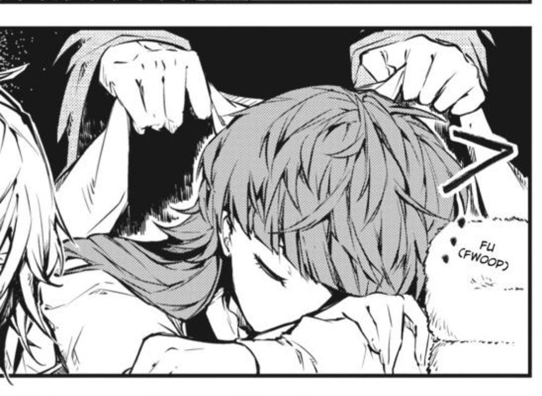 A manga panel of Lucy Maud Montgomery from Bungou Stray Dogs sleeping with her head on her hands.