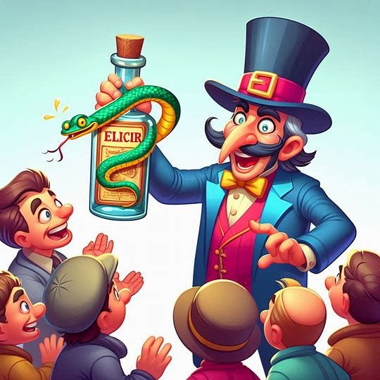 Draw me a picture of a snake oil salesman. Image 3 of 4