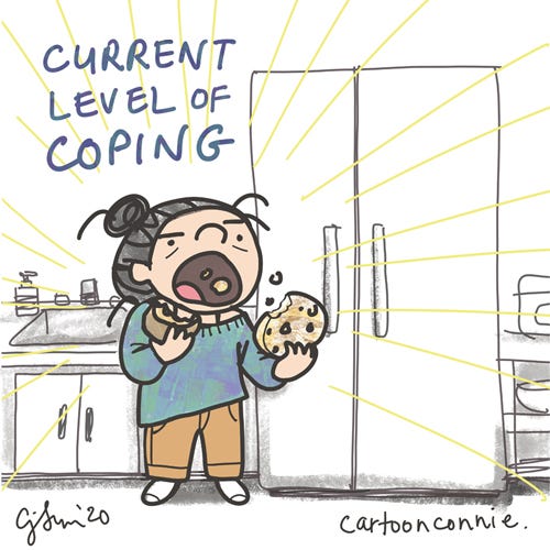 cartoon about coping with anxiety and uncertainty, binge-eating comic, sketchbook illustration by Connie Sun, cartoonconnie