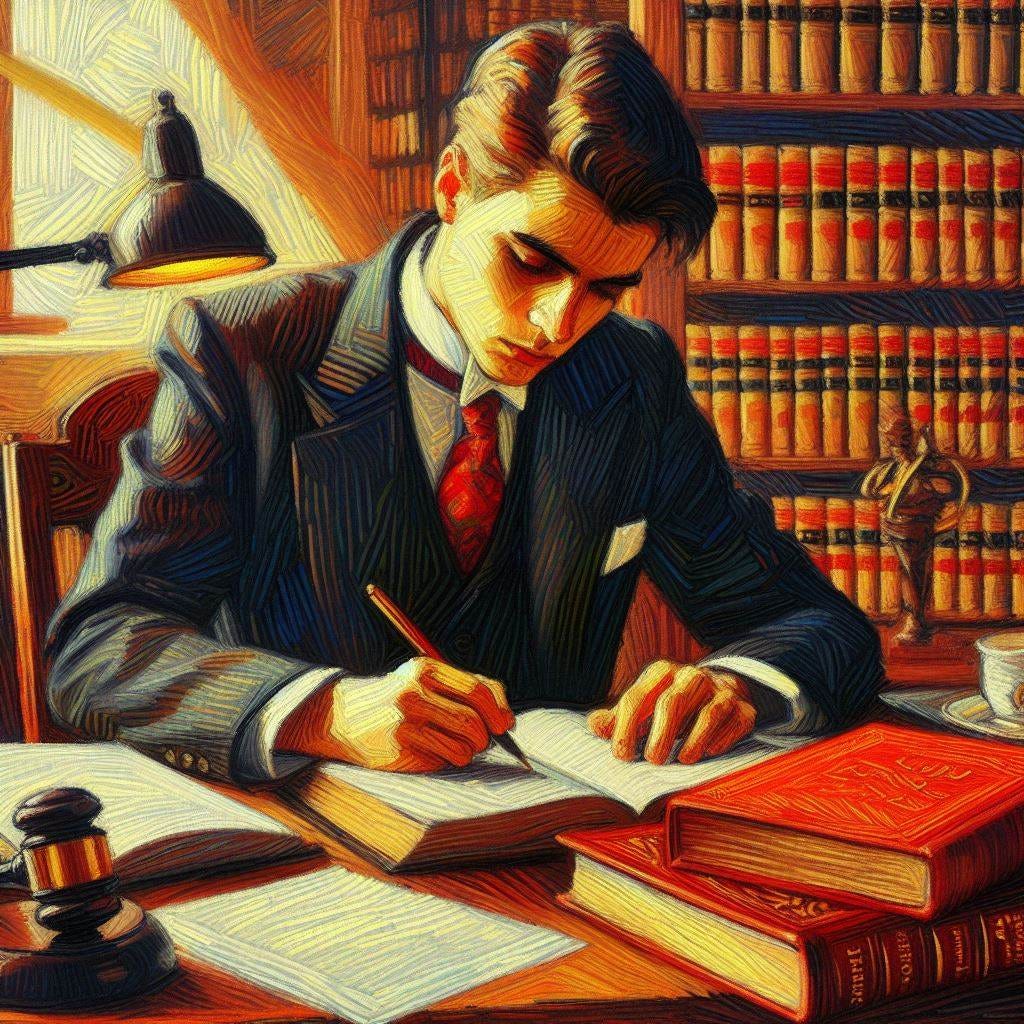 a studious lawyer writing in a red law statute books "impressionism"