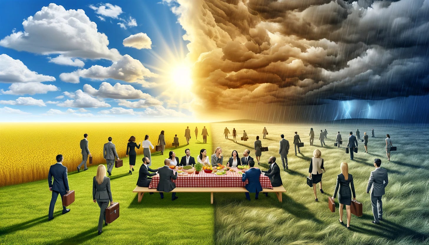 A landscape-oriented image depicting a sunny day with a storm rolling in, symbolizing the concept of short-term optimism and long-term challenges in business. In the foreground, a diverse group of people in business suits are setting up a picnic on a bright, sunny meadow, representing business leaders and investors. They appear cheerful and unaware of the impending storm, symbolizing a lack of awareness of long-term trends and challenges. The background features a clear, sunny sky on one side, gradually transitioning into dark storm clouds on the other side, illustrating the sudden change from stable to turbulent conditions. This image captures the metaphor of distinguishing between 'climate' and 'weather' in strategic decision-making.