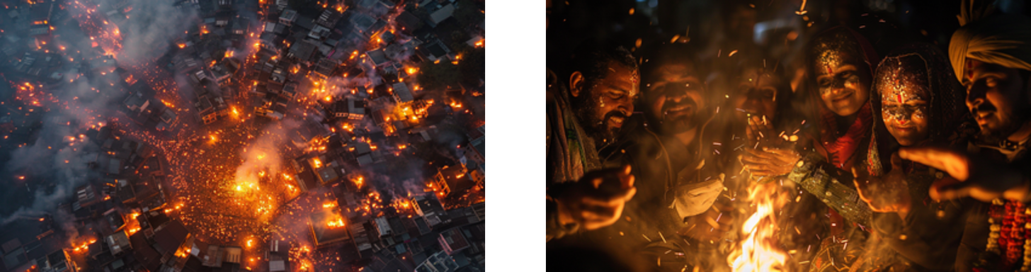 The image on the left is an aerial view of a densely packed urban area at night, illuminated by numerous fires and lights, creating an orange glow that suggests a large-scale event or celebration involving fire.  On the right, a group of people is gathered around a fire. The faces of the individuals are lit by the warm light of the flames, reflecting joy and communal warmth. They appear to be celebrating, possibly part of a festival or ritual. The image captures the intimate and joyful human connections associated with communal celebrations.
