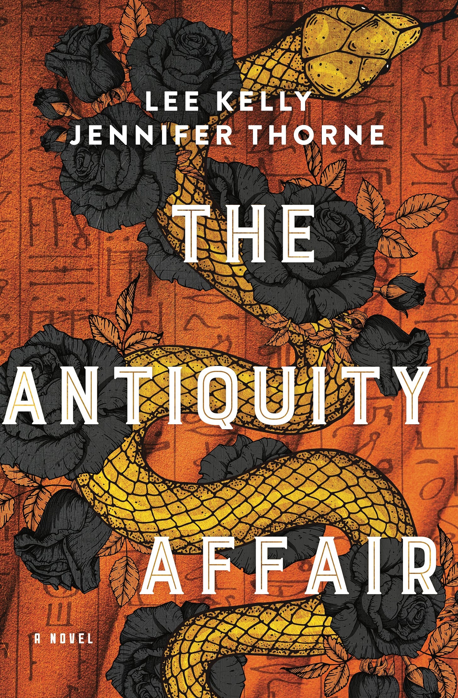 The book cover for The Antiquity Affair featuring a gold snake and black roses against an orange background with strange text across it. The title is in white in front of it all.