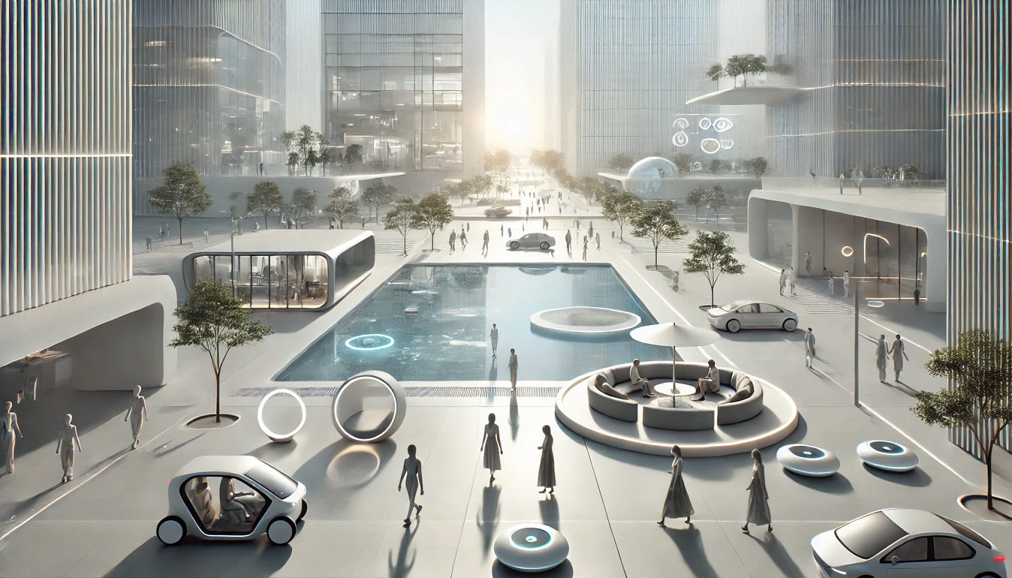 A sleek, ultra-modern cityscape with minimalist design, clean lines, and a futuristic aesthetic. People of all backgrounds seamlessly integrate with high-tech automation—smart homes with glass facades, AI-driven personal assistants, self-driving electric pods, and floating digital interfaces. The atmosphere is calm, bright, and luxurious, embodying a future where advanced technology has democratized once-exclusive privileges. The scene is minimalistic yet sophisticated, with smooth surfaces, subtle lighting, and a utopian ambiance.