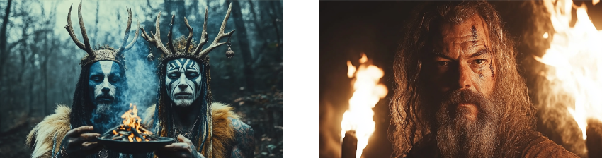 Two striking images depicting figures in tribal or warrior-like attire in a forested, mystical setting. The left image shows two men with faces painted in ceremonial designs and wearing antlered headdresses, holding a smoldering dish that emits smoke, evoking a sense of ritual or shamanic practice. The right image features a close-up of a rugged, bearded man with a weathered face, illuminated by the glow of torches behind him, conveying a determined and intense expression, as though preparing for battle or a significant event.