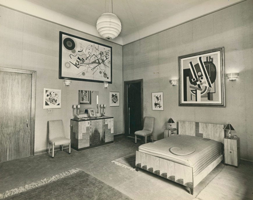 Bedroom in the Guggenheims’ suite at the Plaza Hotel, New York, ca. 1937, with Vasily Kandinsky's Composition 8 (1923) at the top left.