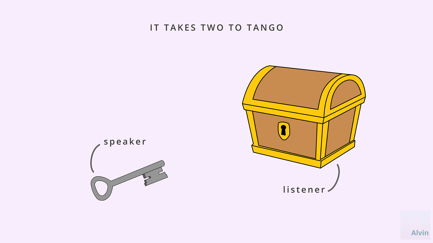 If a treasure chest is a listener, then the speaker is the key. It takes two to tango.