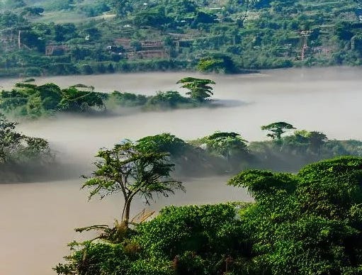 Picture of African town on the edge of a foggy river