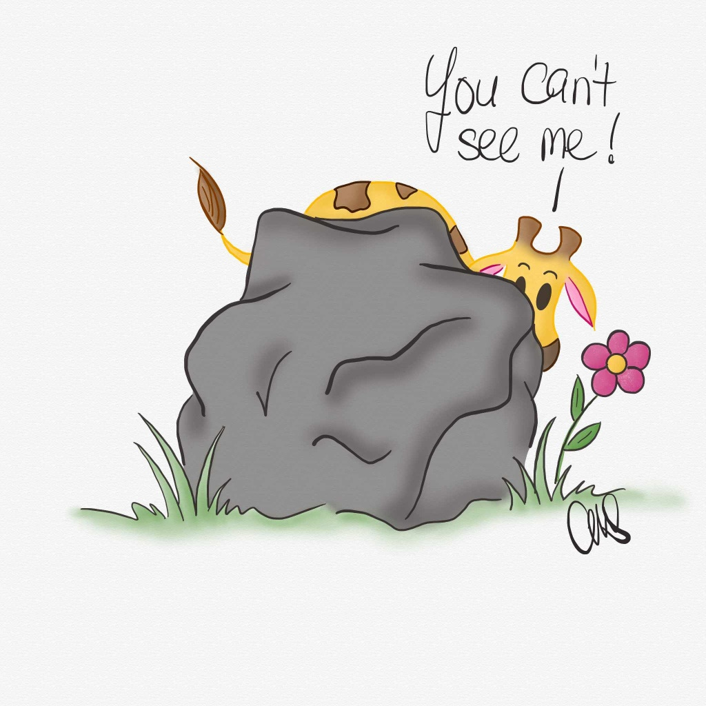 digital drawing of a character I created Gigi the Giraffe, who is hiding behind a rock. on the left you can see her tail poking out, along the top you can see her back, and you can see her head popping out the right side above a pink flower. There is text floating above her head that says “You can’t see me!”