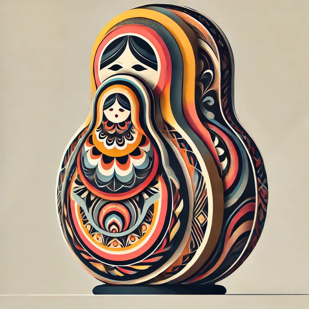 An abstract artistic representation of a Matryoshka doll (Russian nesting doll), where each doll layer is depicted as a unique abstract pattern or design. The outer layer is bold and colorful, transitioning inward to increasingly intricate and delicate patterns, representing layers of complexity. The background is minimalistic, in a soft gradient to highlight the abstract theme of the doll. The design feels modern and conceptual.