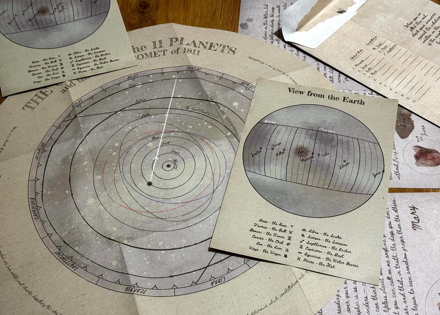 Sheets of paper on a table including maps of stars and planets and letters