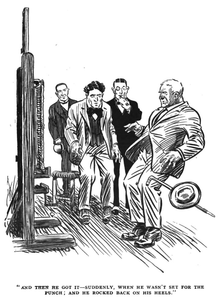 Alexander, Jeeves, Corky, and Bertie standing by an easel. Alexander is so shocked by what he sees that he has lost his grip on his cane and hat, which are in the process of falling to the floor. Corky looks horrified, while Bertie has brought a hand to his mouth in surprise, and Jeeves is showing no sign of even movement towards an expression. The caption reads, ““And then he got it—suddenly, when he wasn’t set for the punch; and he rocked back on his heels.””