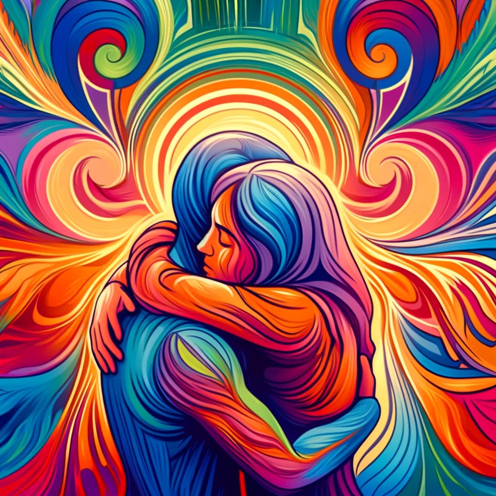 Two individuals hugging - stylised and expressive, conveying a powerful sense of letting go and healing.