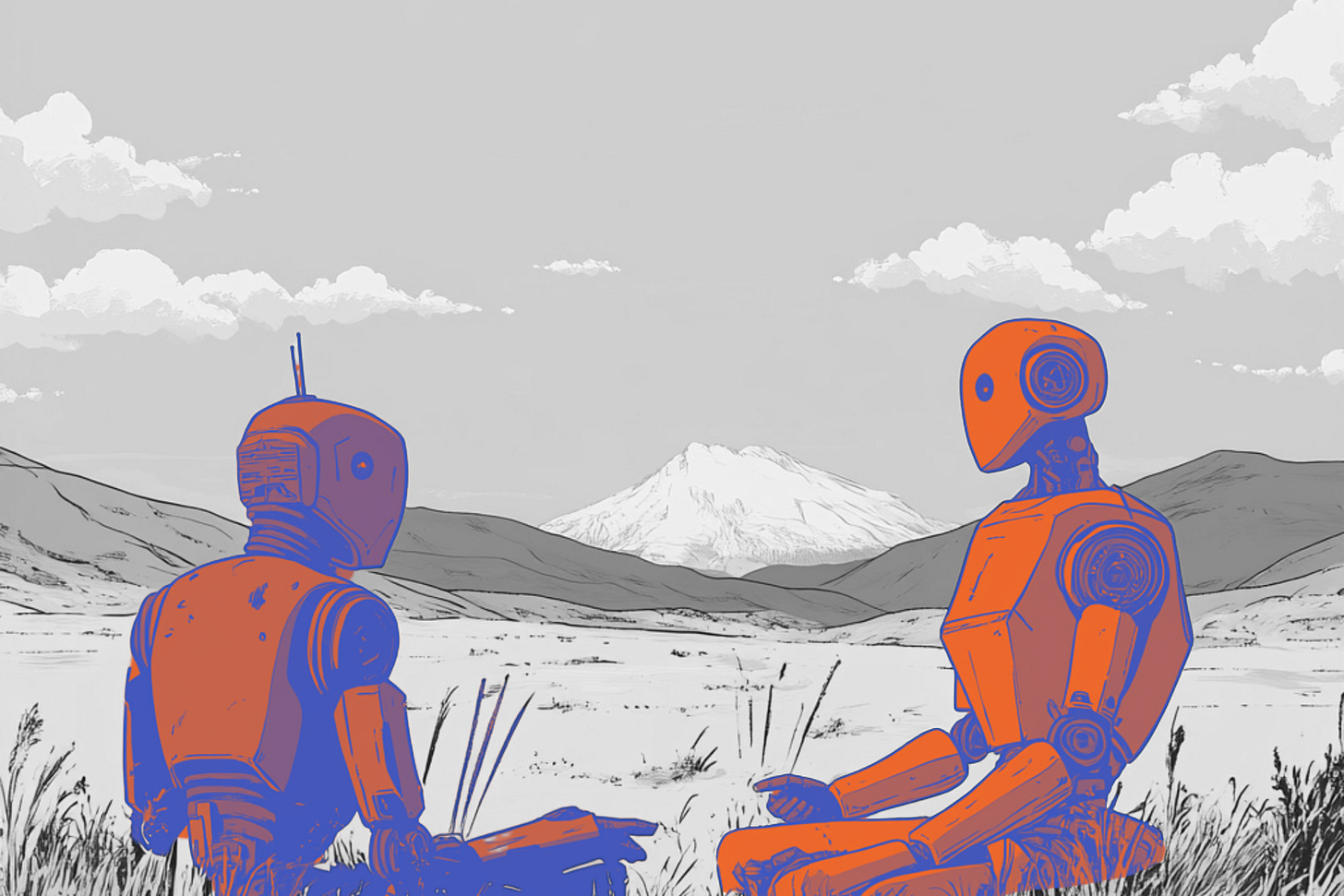 Two humanoid robots, illustrated in bold orange and blue, sit facing each other in a calm mountain valley. Behind them, snow-capped peaks rise under a cloudy sky, evoking a serene, contemplative atmosphere as the robots appear to be deep in conversation or thought.