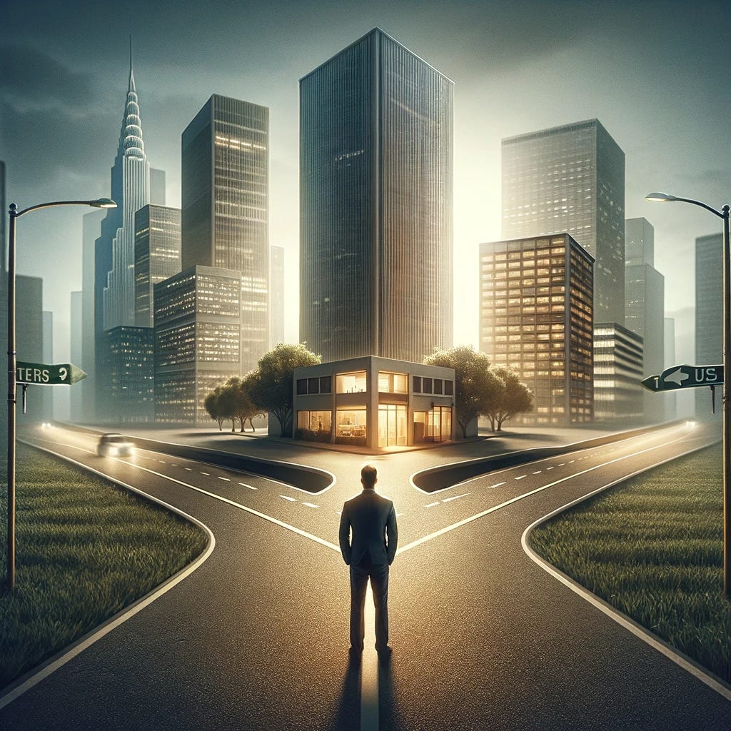 Visualize a critical moment of decision-making at a career crossroads, with a clear focus on the choice between two distinct paths leading to different office buildings, representing divergent career opportunities. In the distance on the left, illustrate a towering, successful skyscraper, symbolizing the conventional path of corporate success and the prestige associated with working in a large, established company. On the right, depict a small, yet inviting and alluring office building, embodying the unconventional choice of a startup or a boutique firm, representing creativity, potential, and personal fulfillment. At the forefront, a person stands at the crossroads, symbolically positioned to choose between these two paths. This individual is caught in a moment of introspection, weighing the prospects of each direction. The scene captures the essence of 'the road not taken,' emphasizing the individual's contemplation of whether to pursue the security and success of the corporate world or the allure and potential of a more intimate, innovative venture.