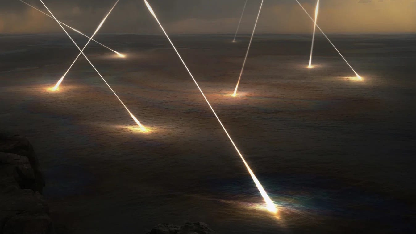 A series of meteors hit a cloud-covered earth at sunset. Vantage point is in-between the cloud layers A series of meteors hit a cloud-covered earth at sunset. Vantage point is in-between the cloud layers