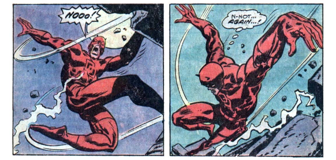 Two panels from this issue. In the first, Daredevil catches himself on the ledge of a building after falling. He shouts, “Nooo!” In the second panel, Daredevil loses his grip and falls again. He thinks, “N—not… again… !”