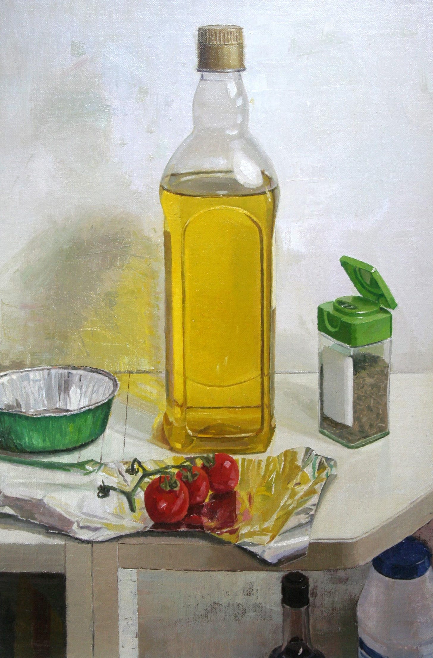 A still life with a bottle of olive oil, jar of herbs and a white plate with three tomatoes 