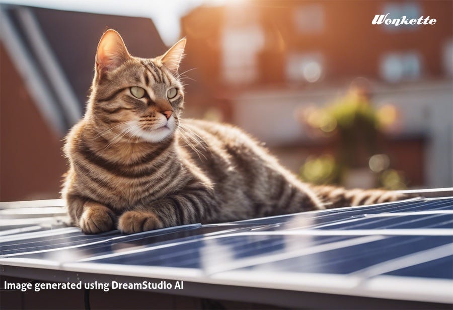 In an AI-generated image, a tabby cat lounges on a rooftop solar panel 